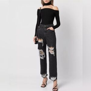 Retrofete Maggie Distressed Straightleg Denim Jeans in Onyx Jet Black